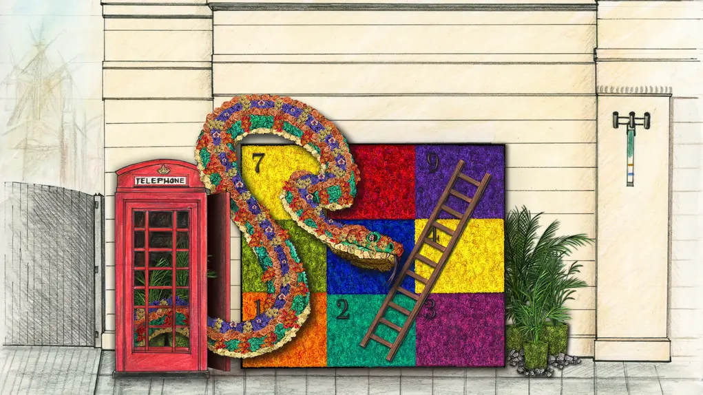 An illustration of a snake and ladders board made of flowers next to a red phonebox