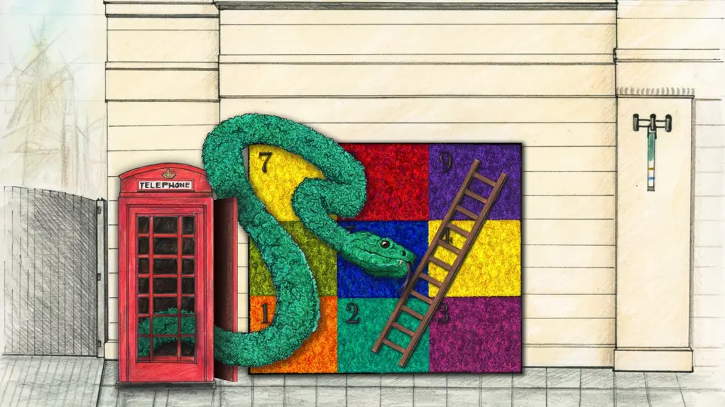 Snakes and ladders flower display next to a red phone box 