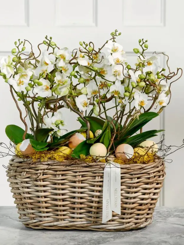 A wicker basket filled with white orchids, yellow moss and eggs