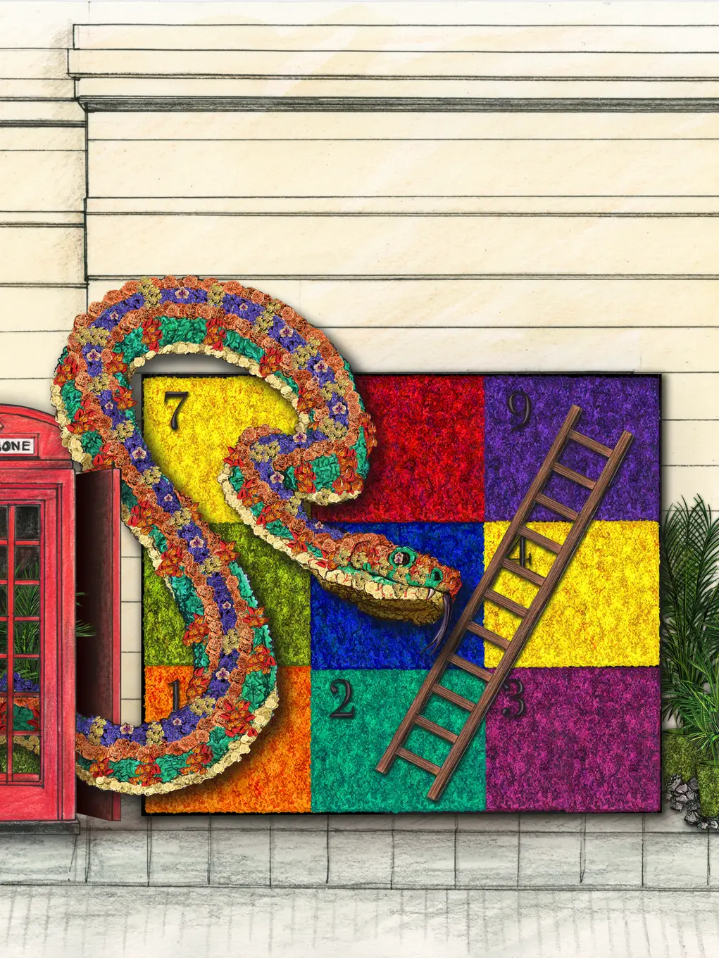 An illustration of a snake and ladders board made of flowers next to a red phonebox